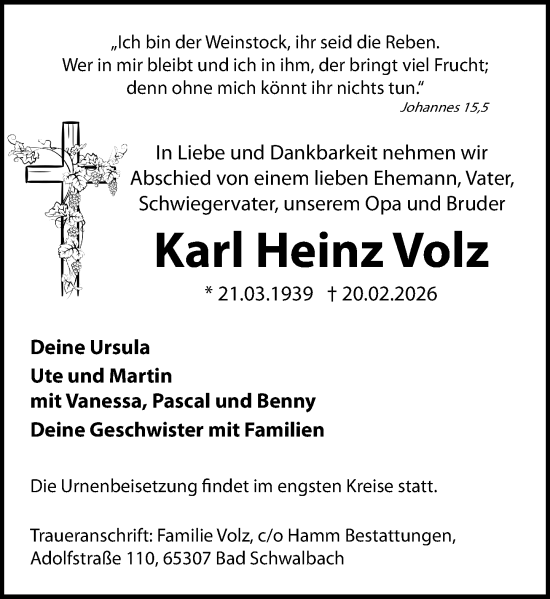 Traueranzeige von Karl Heinz Volz von Wiesbadener Kurier