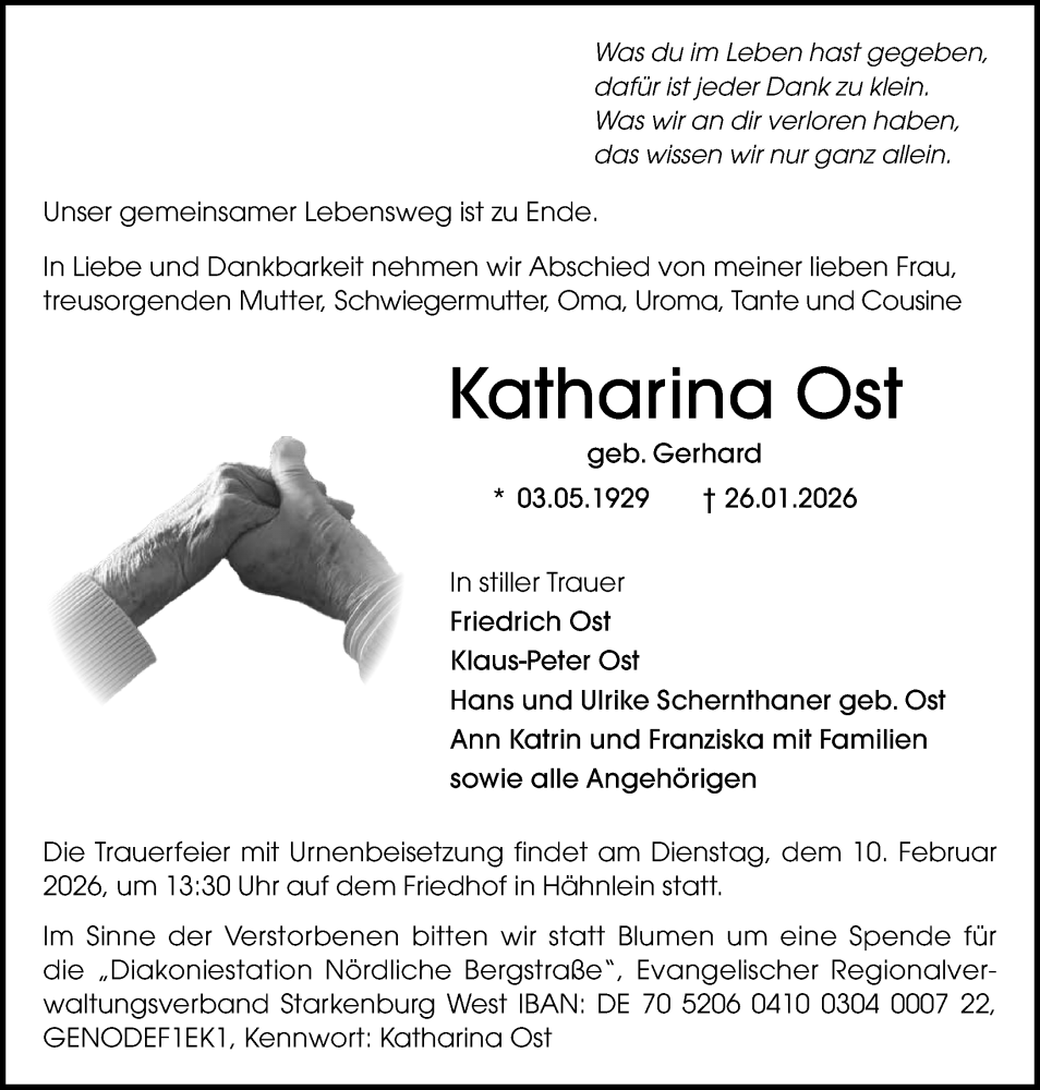  Traueranzeige für Katharina Ost vom 07.02.2026 aus Darmstädter Echo