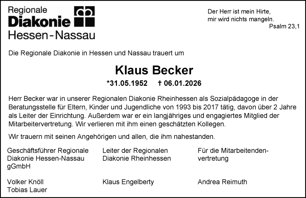  Traueranzeige für Klaus Becker vom 04.02.2026 aus Allgemeine Zeitung Alzey