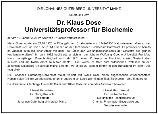 Traueranzeige von Klaus Dose von Allgemeine Zeitung Mainz