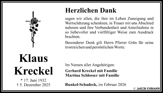 Traueranzeige von Klaus Kreckel von Weilburger Tageblatt