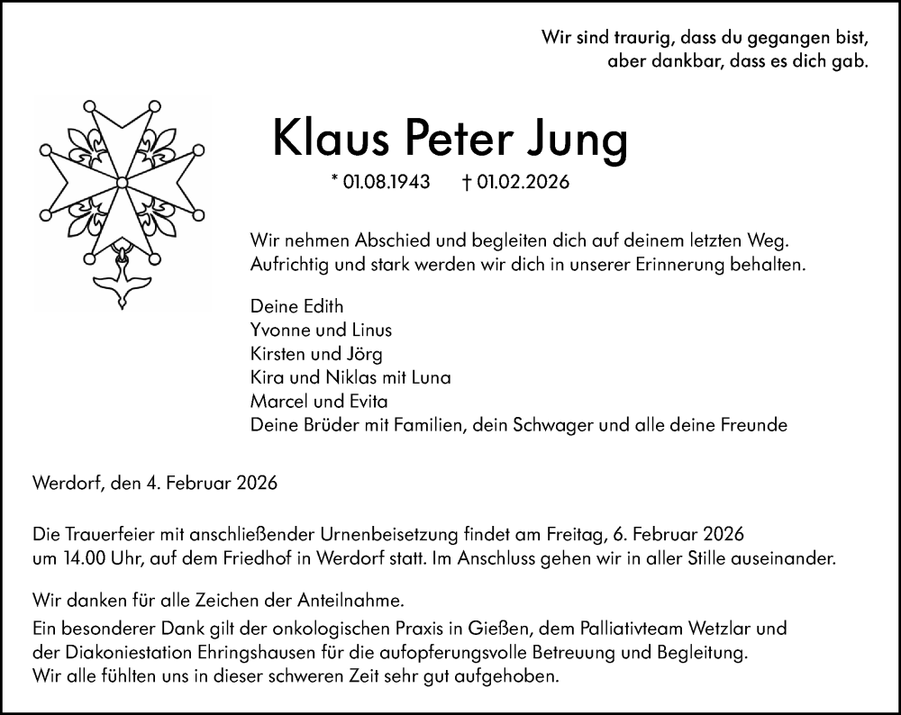  Traueranzeige für Klaus Peter Jung vom 04.02.2026 aus Wetzlarer Neue Zeitung