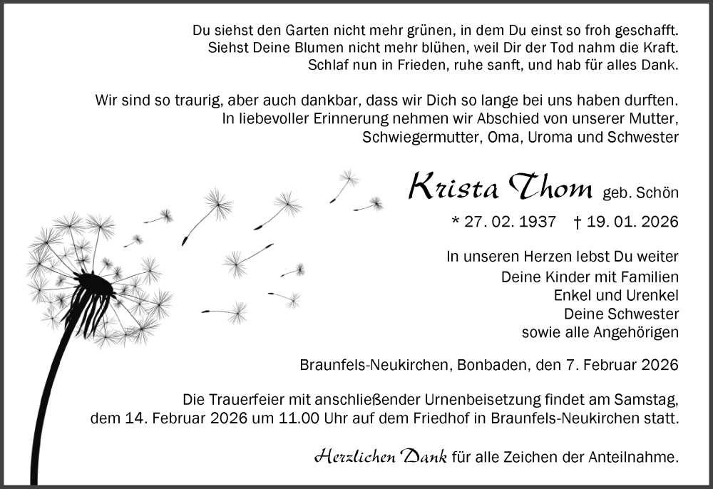  Traueranzeige für Krista Thom vom 07.02.2026 aus Wetzlarer Neue Zeitung