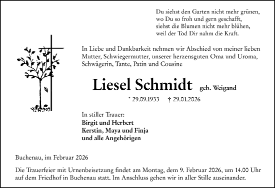 Traueranzeige von Liesel Schmidt von Hinterländer Anzeiger