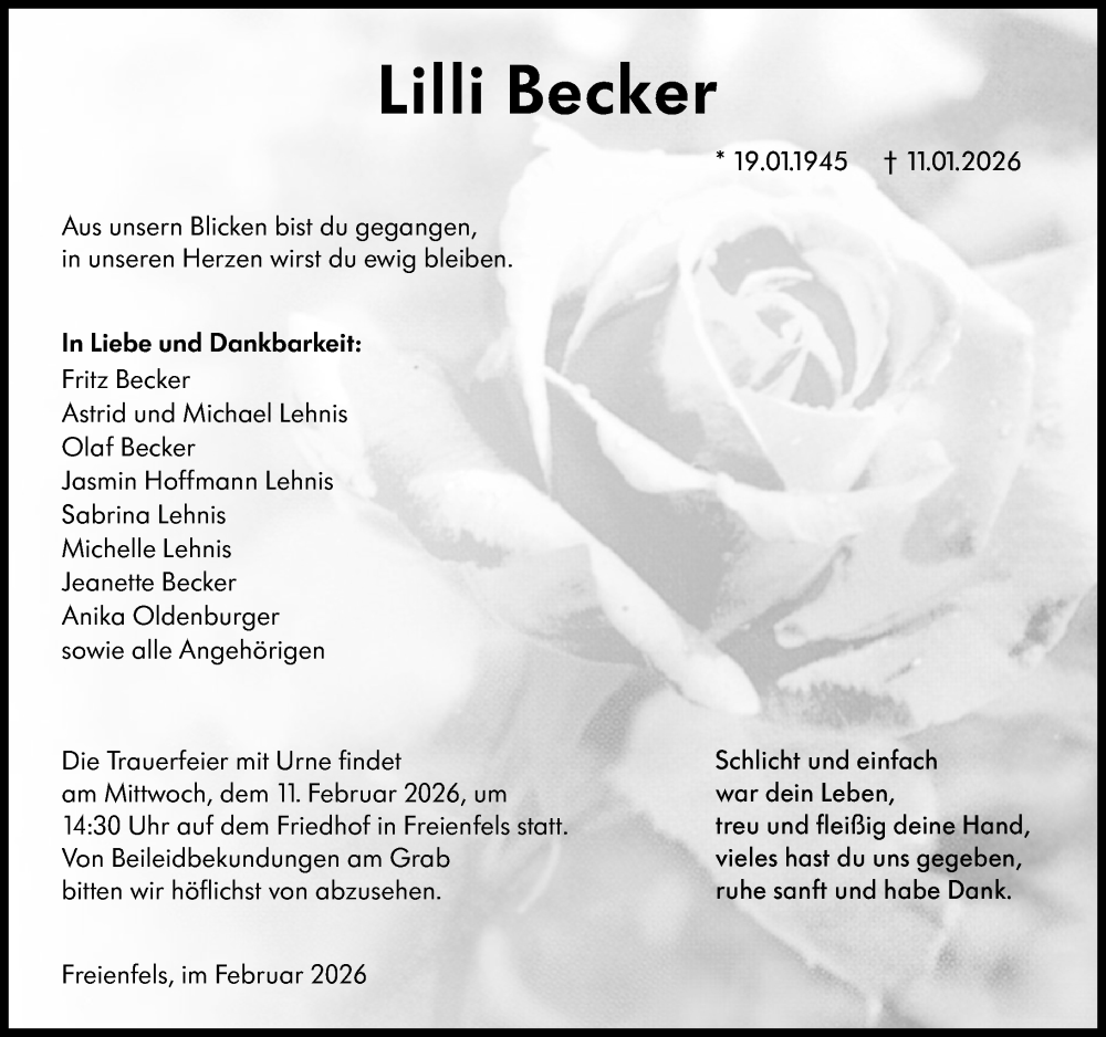  Traueranzeige für Lilli Becker vom 07.02.2026 aus Weilburger Tageblatt