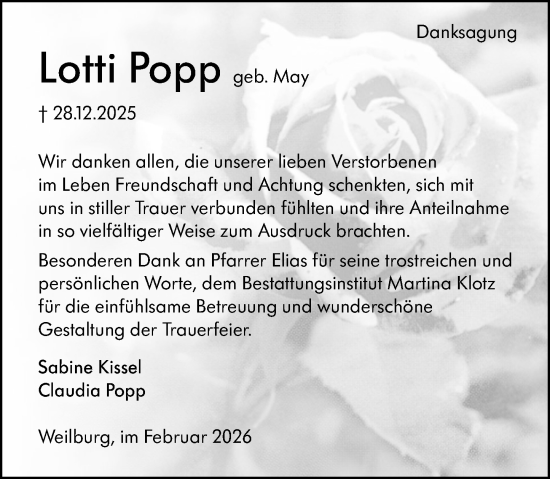 Traueranzeige von Lotti Popp von Weilburger Tageblatt