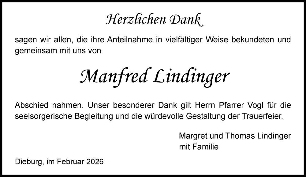  Traueranzeige für Manfred Lindinger vom 07.02.2026 aus Dieburger Anzeiger/Groß-Zimmerner Lokal-Anzeiger