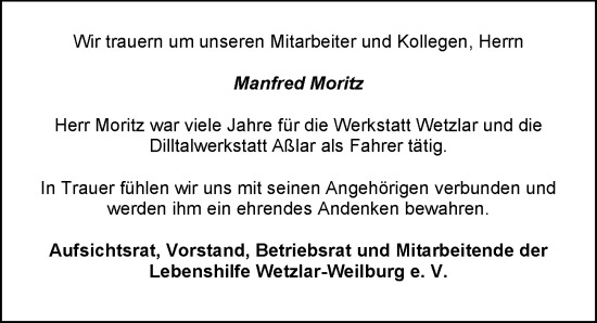 Traueranzeige von Manfred Moritz von Weilburger Tageblatt