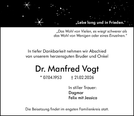 Traueranzeige von Manfred Vogt von Allgemeine Zeitung Alzey