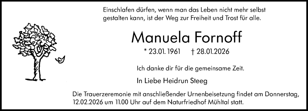  Traueranzeige für Manuela Fornoff vom 07.02.2026 aus Darmstädter Echo
