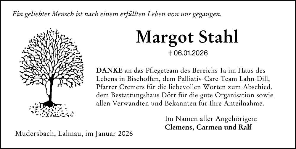  Traueranzeige für Margot Stahl vom 04.02.2026 aus Wetzlarer Neue Zeitung