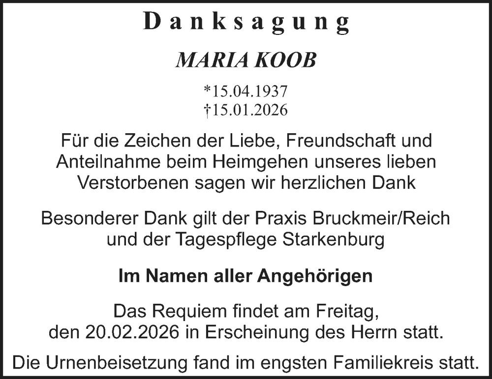  Traueranzeige für Maria Koob vom 07.02.2026 aus Starkenburger Echo