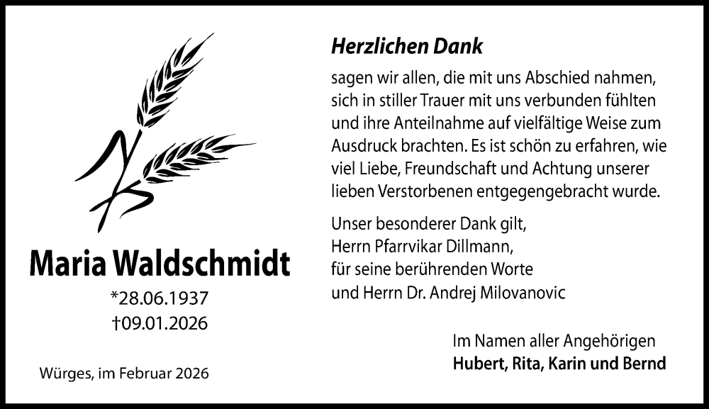  Traueranzeige für Maria Waldschmidt vom 05.02.2026 aus Camberger Anzeiger