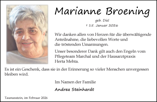 Traueranzeige von Marianne Broening von Wiesbadener Kurier