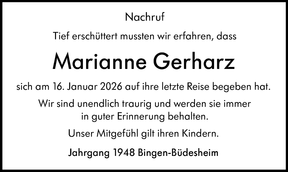  Traueranzeige für Marianne Gerharz vom 07.02.2026 aus Binger-/Ingelheimer Wochenblatt