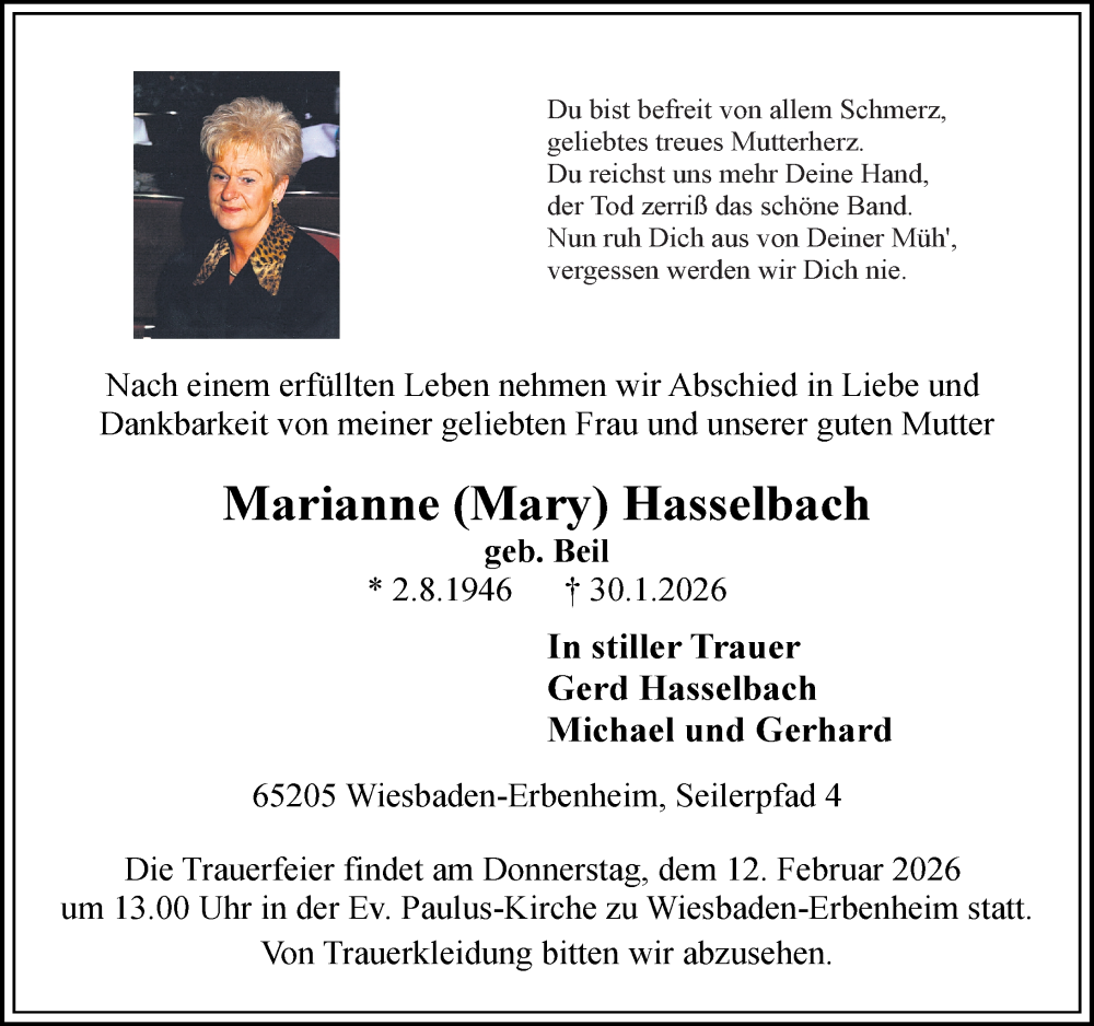  Traueranzeige für Marianne Hasselbach vom 07.02.2026 aus Wiesbadener Kurier