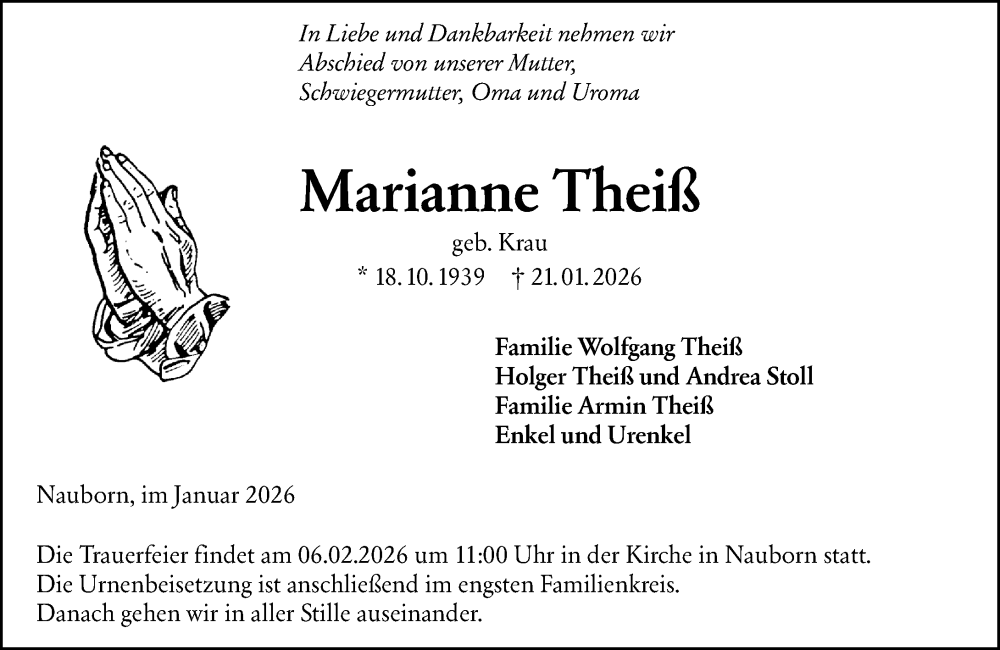  Traueranzeige für Marianne Theiß vom 03.02.2026 aus Wetzlarer Neue Zeitung