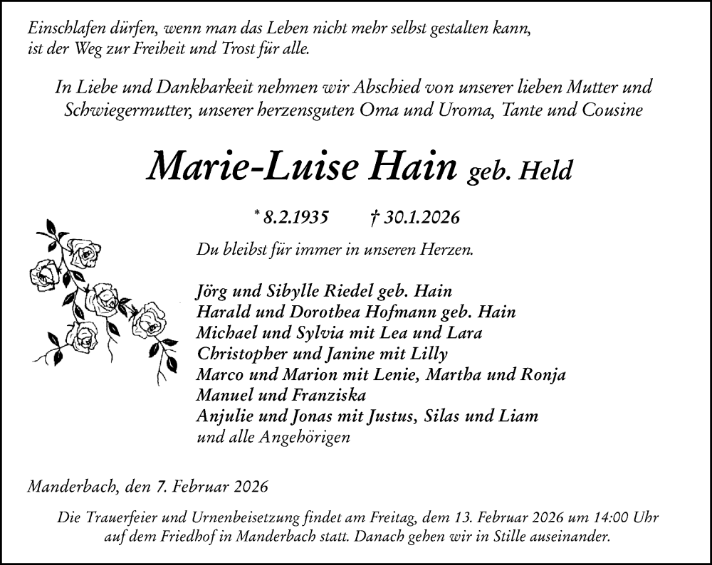  Traueranzeige für Marie-Luise Hain vom 07.02.2026 aus Dill Block
