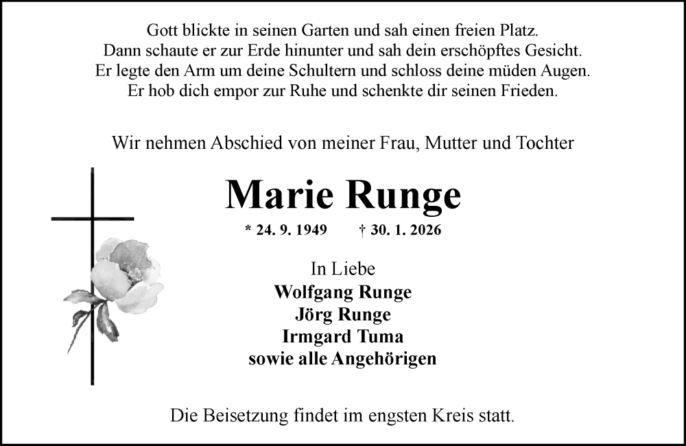  Traueranzeige für Marie Runge vom 07.02.2026 aus Allgemeine Zeitung Mainz