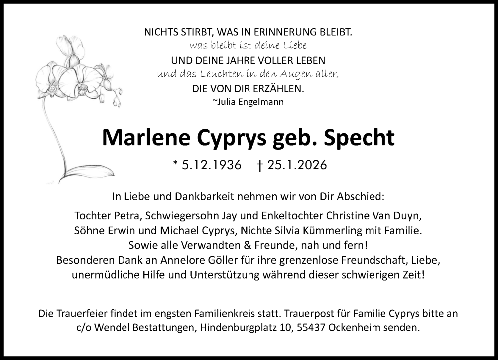  Traueranzeige für Marlene Cyprys vom 07.02.2026 aus Allgemeine Zeitung Rheinhessen-Nahe