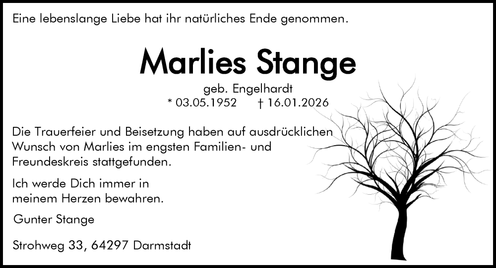  Traueranzeige für Marlies Stange vom 07.02.2026 aus Darmstädter Echo