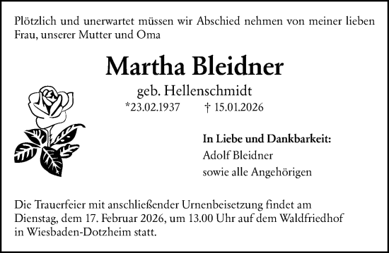 Traueranzeige von Martha Bleidner von Wiesbadener Kurier