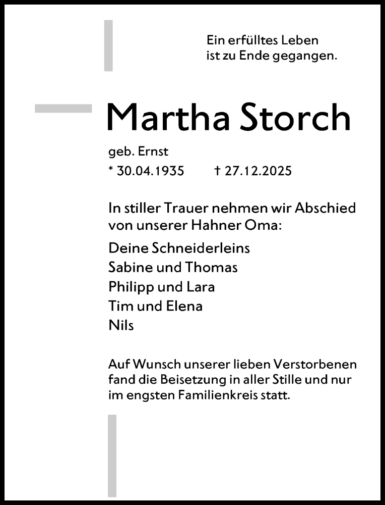  Traueranzeige für Martha Storch vom 07.02.2026 aus Idsteiner Land/Untertaunus