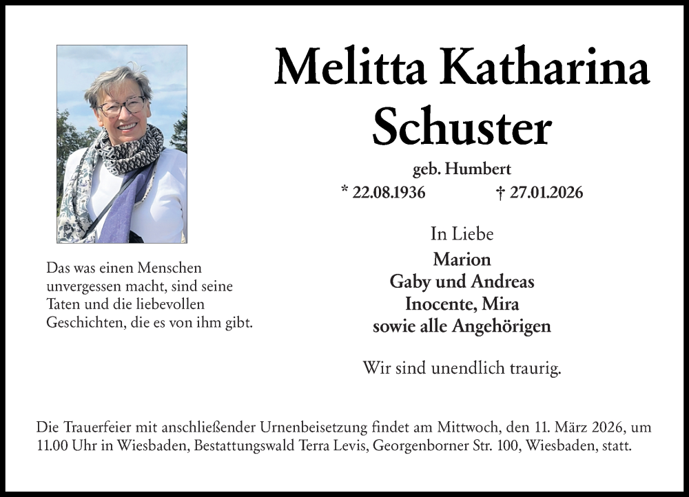  Traueranzeige für Melitta Katharina Schuster vom 07.02.2026 aus Wiesbadener Kurier