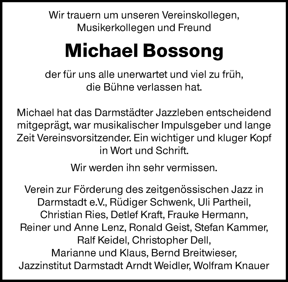  Traueranzeige für Michael Bossong vom 07.02.2026 aus Darmstädter Echo