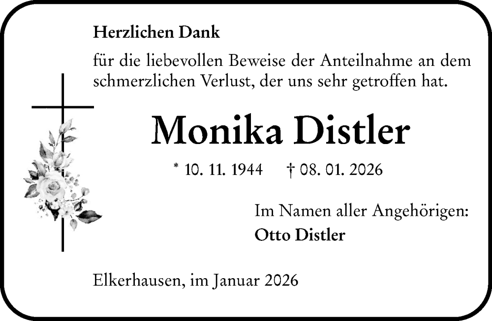  Traueranzeige für Monika Distler vom 07.02.2026 aus Weilburger Tageblatt