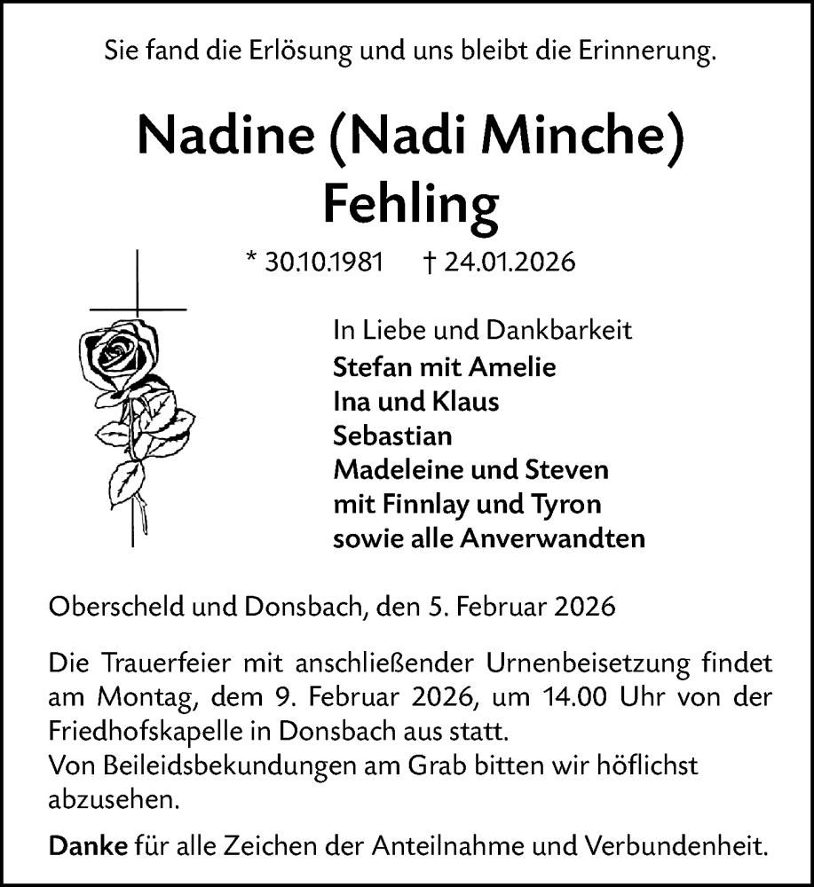  Traueranzeige für Nadine Fehling vom 05.02.2026 aus Dill Block