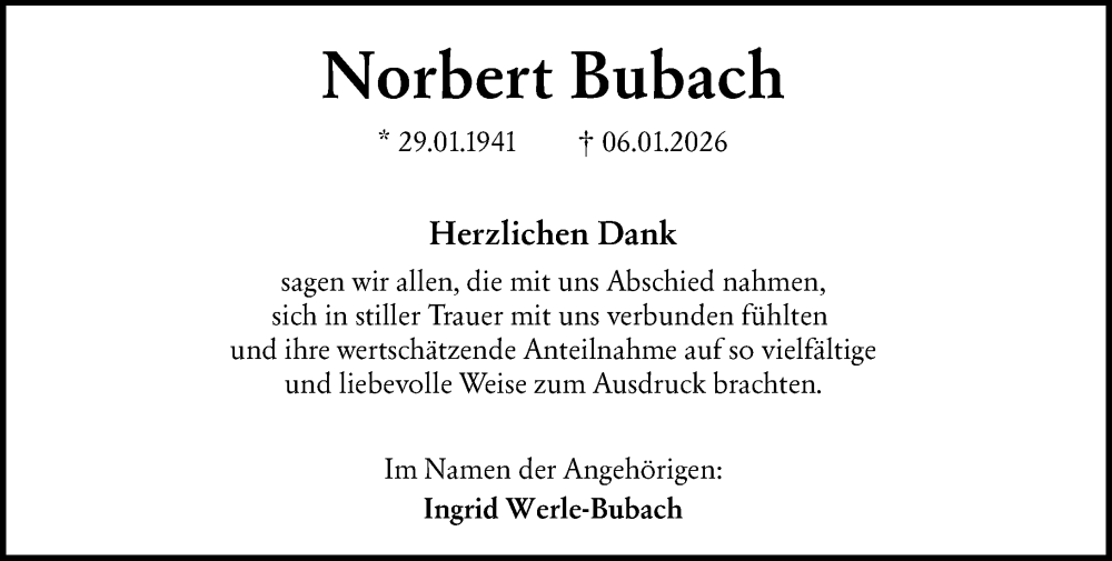  Traueranzeige für Norbert Bubach vom 07.02.2026 aus Allgemeine Zeitung Mainz