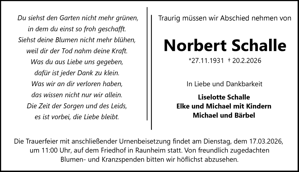  Traueranzeige für Norbert Schalle vom 28.02.2026 aus Rüsselsheimer Echo