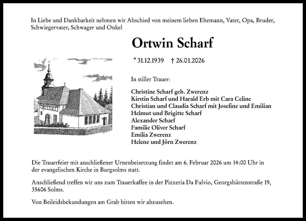  Traueranzeige für Ortwin Scharf vom 04.02.2026 aus Wetzlarer Neue Zeitung