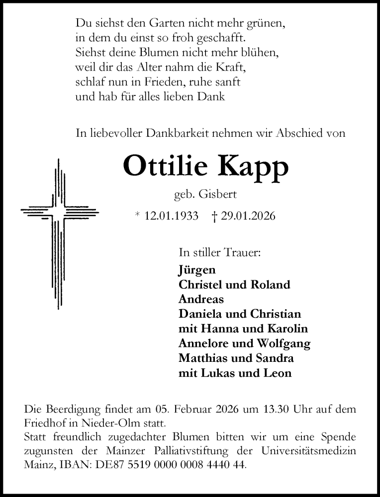  Traueranzeige für Ottilie Kapp vom 03.02.2026 aus Allgemeine Zeitung Mainz