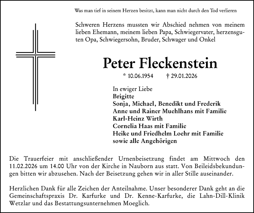  Traueranzeige für Peter Fleckenstein vom 07.02.2026 aus Wetzlarer Neue Zeitung