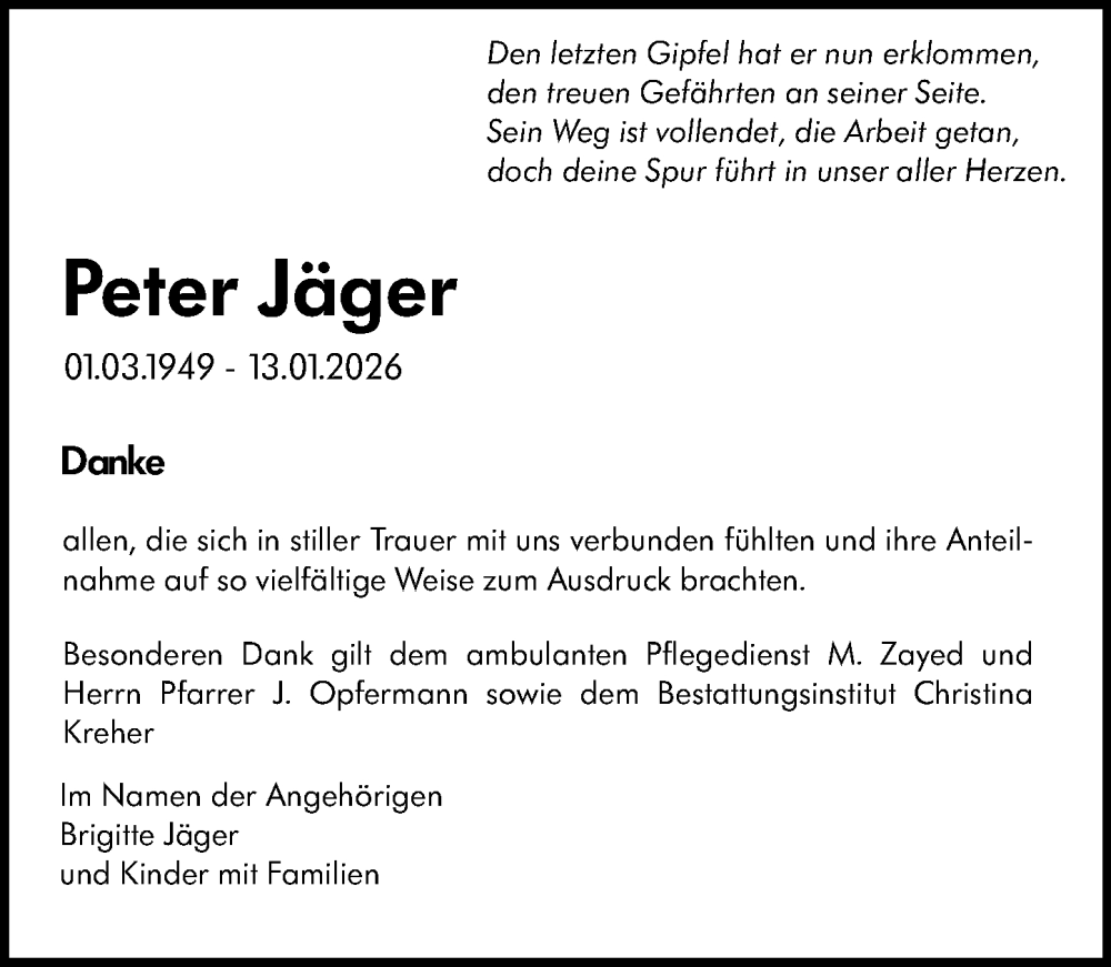  Traueranzeige für Peter Jäger vom 07.02.2026 aus Darmstädter Echo