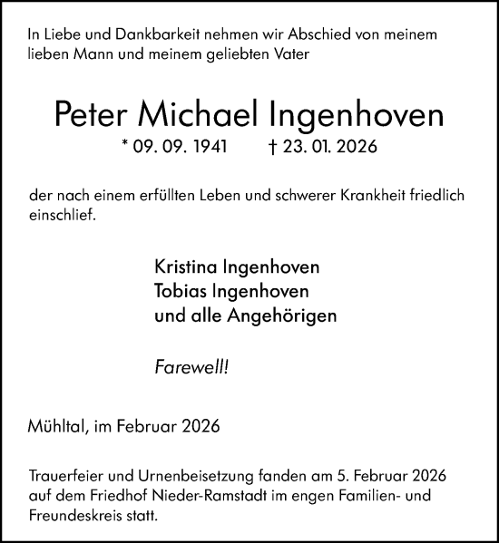 Traueranzeige von Peter Michael Ingenhoven von Darmstädter Echo
