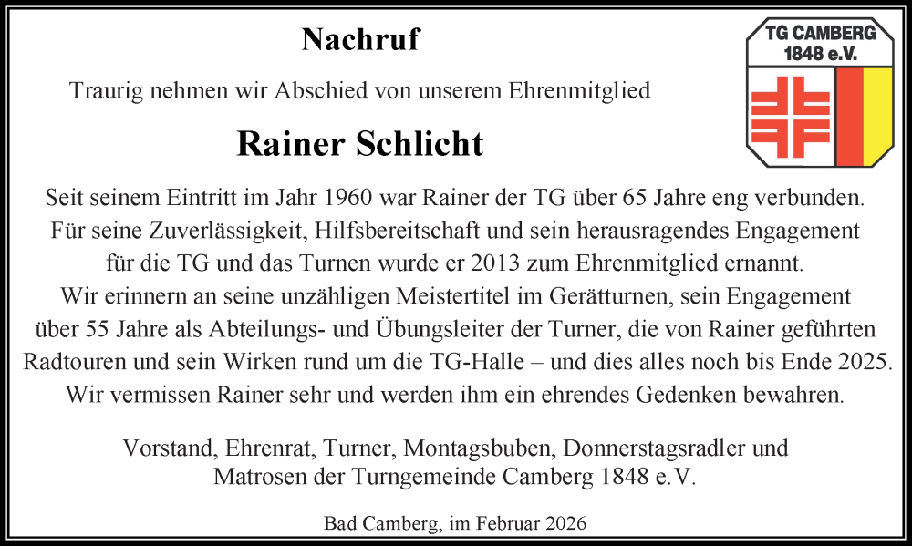  Traueranzeige für Rainer Schlicht vom 05.02.2026 aus Camberger Anzeiger