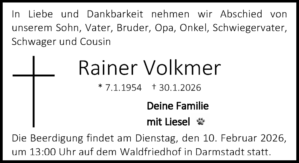  Traueranzeige für Rainer Volkmer vom 07.02.2026 aus Darmstädter Echo
