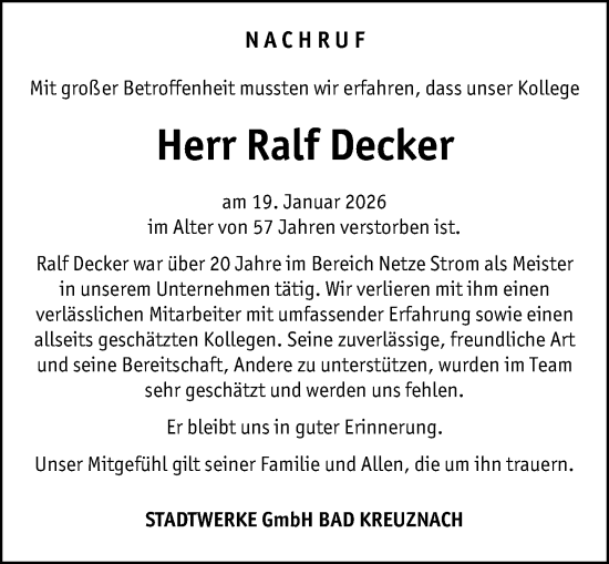 Traueranzeige von Ralf Decker von Allgemeine Zeitung Rheinhessen-Nahe