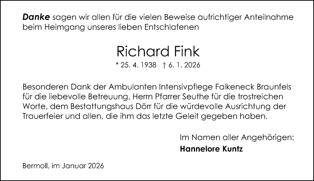  Traueranzeige für Richard Fink vom 07.02.2026 aus Wetzlarer Neue Zeitung