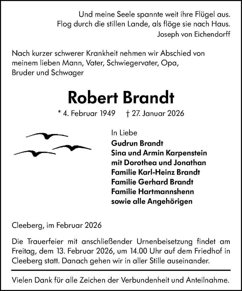 Traueranzeige für Robert Brandt vom 07.02.2026 aus Wetzlarer Neue Zeitung