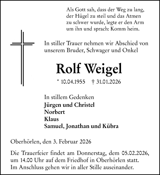 Traueranzeige von Rolf Weigel von Hinterländer Anzeiger