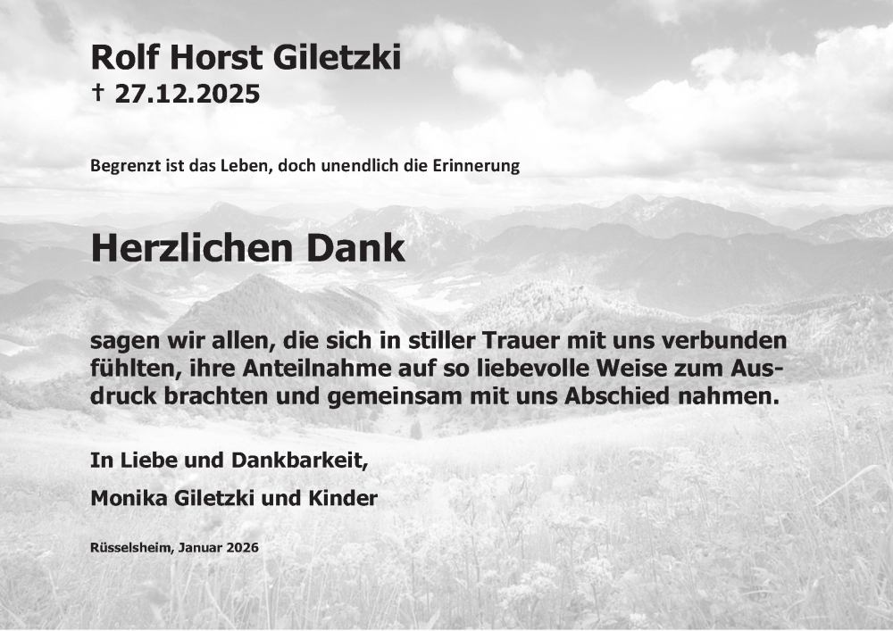  Traueranzeige für Rolf Horst Giletzki vom 07.02.2026 aus Rüsselsheimer Echo