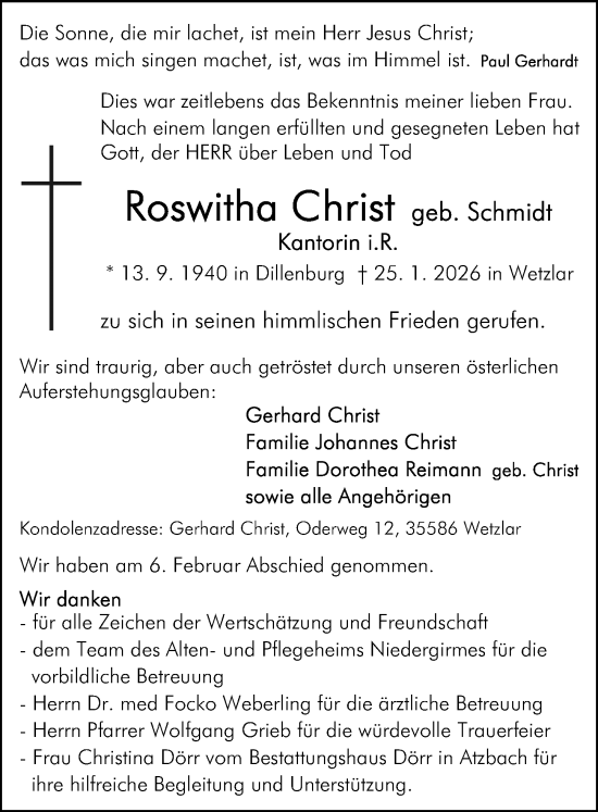 Traueranzeige von Roswitha Christ von Wetzlarer Neue Zeitung