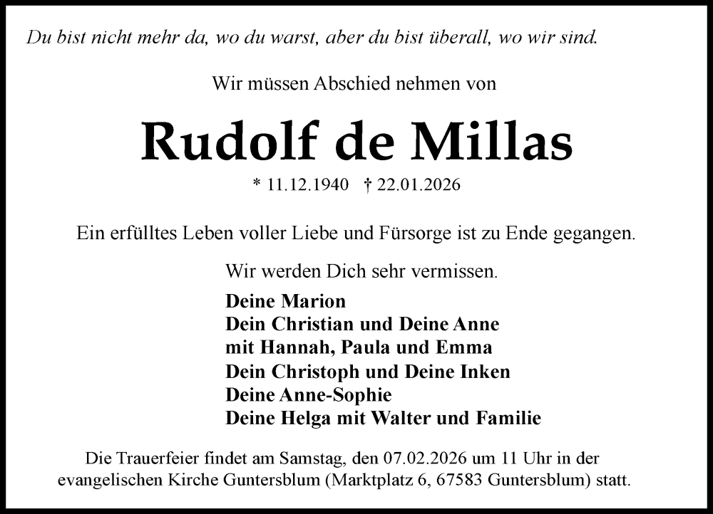  Traueranzeige für Rudolf de Millas vom 03.02.2026 aus Allgemeine Zeitung Alzey