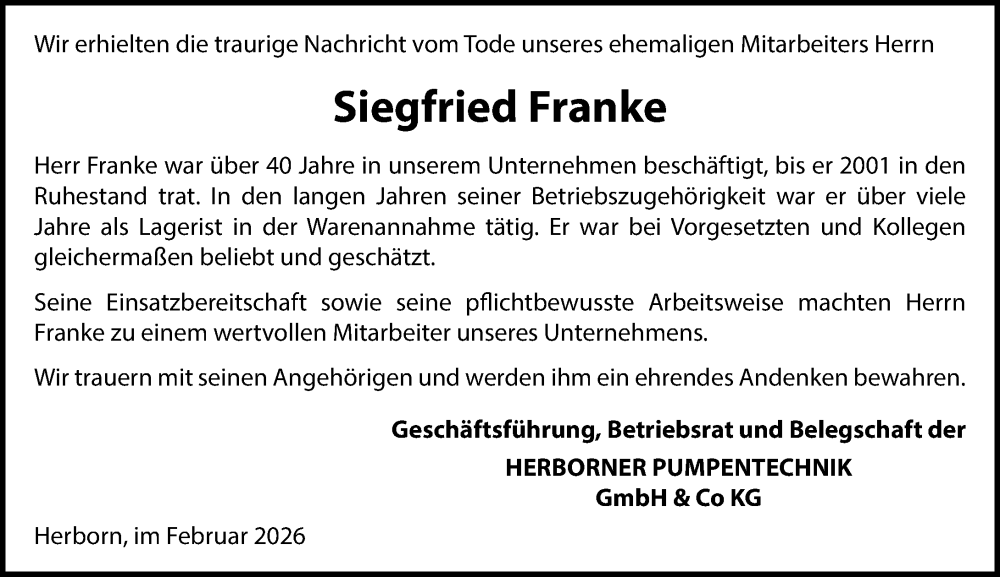  Traueranzeige für Siegfried Franke vom 06.02.2026 aus Dill Block