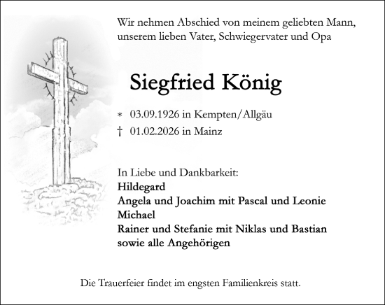 Traueranzeige von Siegfried König von Allgemeine Zeitung Mainz
