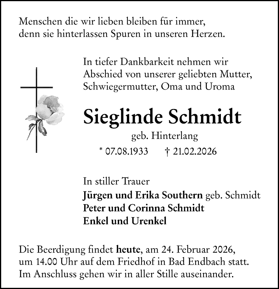 Traueranzeige für Sieglinde Schmidt vom 24.02.2026 aus Hinterländer Anzeiger